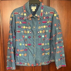 Vintage Anage Colorful Embroidered Jean Jacket Size Medium